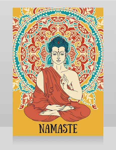 Poster Dengan Buddha Dalam Meditasi Pada Ornamen Mandala Yang Indah - Stok Vektor