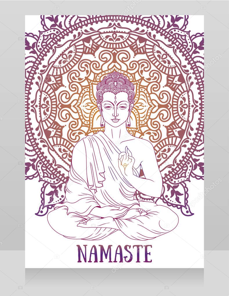 Poster with Buddha in meditation on beautiful mandala ornament, can be used as greeting card for Buddha birthday or as card for yoga studio, vector illustration 