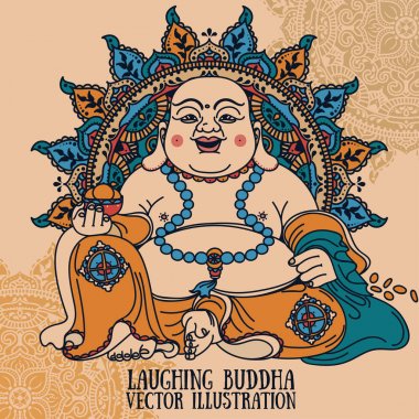 Buda güzel mandala, geleneksel Asya Feng Shui tılsım otel veya Budai gülüyor, illüstrasyon vektör 
