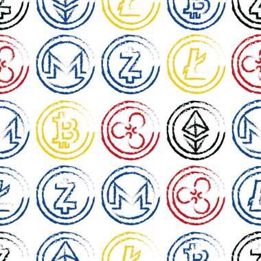 cryptocurrency Logotype elle çizilmiş tarzı, vektör çizim ile Seamless Modeli