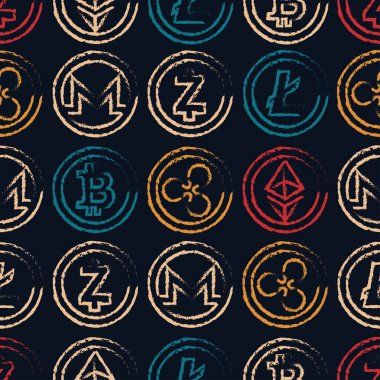 cryptocurrency Logotype elle çizilmiş tarzı, vektör çizim ile Seamless Modeli