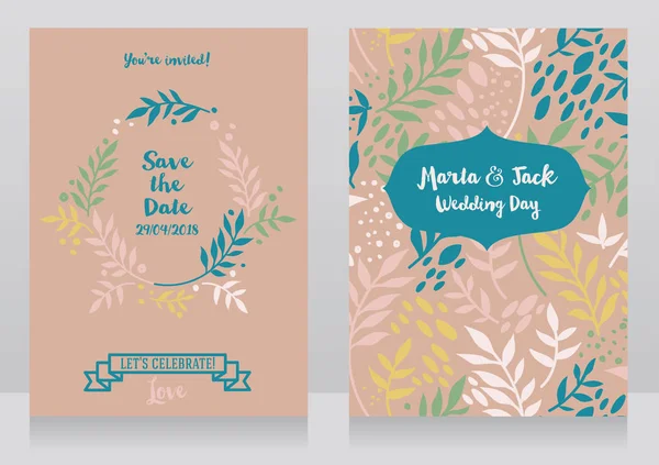 Zwei Hochzeitskarten Mit Bunten Zweigen Und Punkten Rustikaler Stil Vektorillustration — Stockvektor