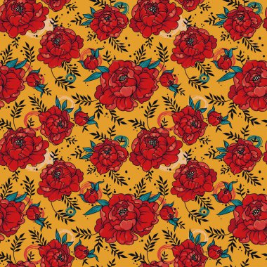 güzel peonies elle çizilmiş tarzı, vektör çizim ile Seamless Modeli