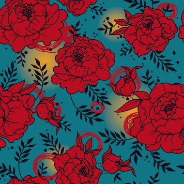 güzel peonies elle çizilmiş tarzı, vektör çizim ile Seamless Modeli