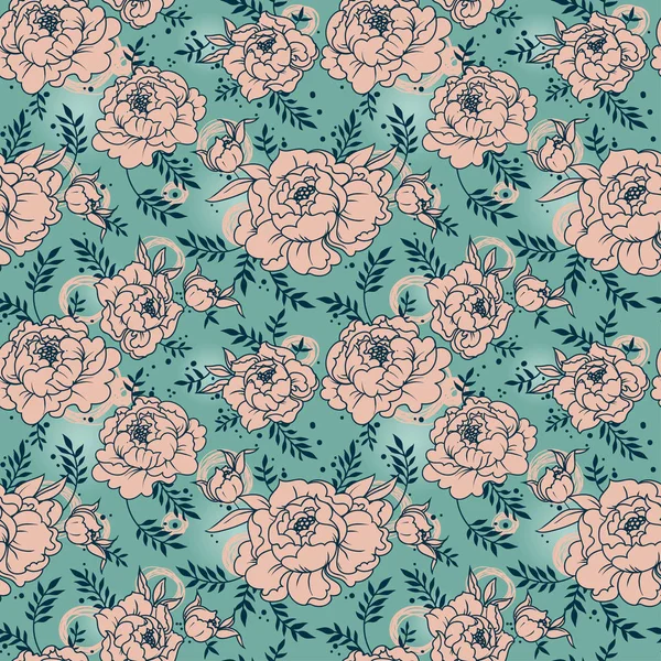 Seamless Pattern Beutiful Peonies Hand Drawn Style Vector Illustration — Stock Vector