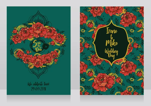 Hochzeitskarten Mit Roten Pfingstrosen Und Dekorativem Rahmen Mehndi Stil Kann — Stockvektor