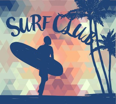 Sörf tahtası geometrik arka plan ve tropikal günbatımı, surf club, vektör çizim için afiş adamla silüeti
