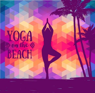 yoga ve meditasyon uygulaması, tropikal günbatımı kroki tarzı geometrik arka plan, funky renkleri, vektör çizim için poster