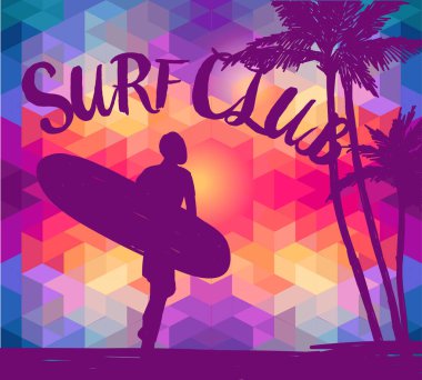 Geometrik arka plan ve tropikal günbatımı, banner surf club, funky renkleri, vektör çizim için bir sörf tahtası adamla silüeti
