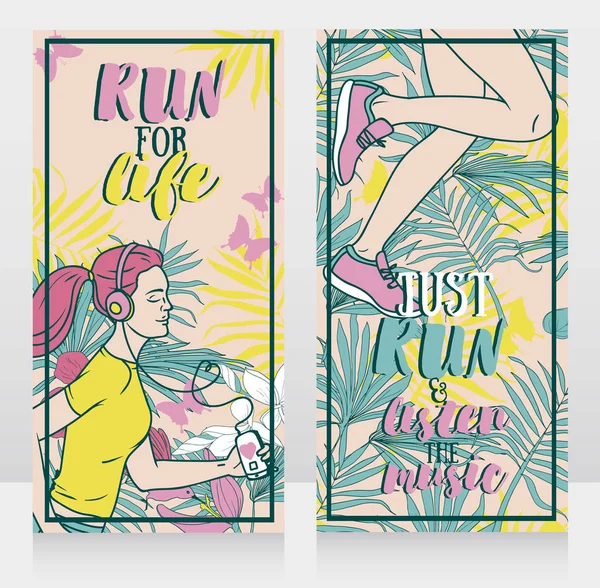 Δύο Κάρτες Για Τζόκινγκ Τρέξιμο Γυναίκα Και Τροπική Διακόσμηση Μπορεί — Διανυσματικό Αρχείο