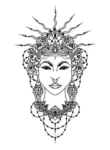 Dioses Estilo Asiático Mujer Asiática Bohemia Corona Guirnalda Floral Ilustración — Vector de stock