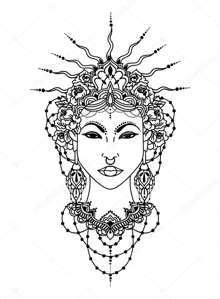 Asian style goddes, bohemian asian woman in crown and floral garland, vector illustration