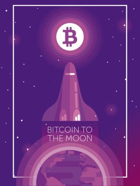 Cryptocurrency için poster, uzay mekiği sinek Dünya'dan bitcoin logo için ayda, kozmik vektör çizim