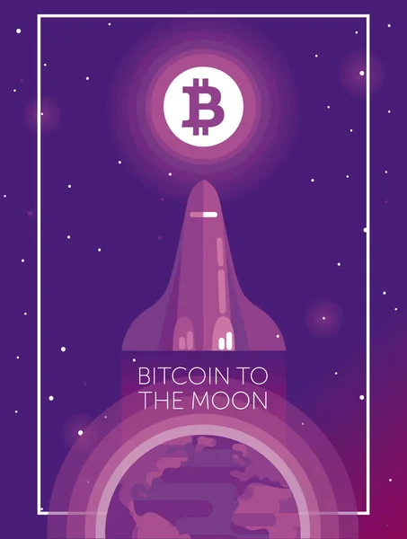 Affisch För Kryptovaluta Rymdfärjan Flyga Från Jorden Till Bitcoin Logotype — Stock vektor