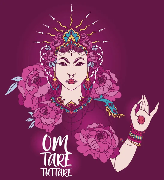 Bohemia Mujer Asiática Real Corona Peonías Flores Cartel Con Mantra — Vector de stock