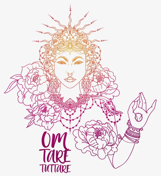 Taç Peonies Çiçekler Poster Budist Mantra Dara Tuttare Güzel Kadın — Stok Vektör