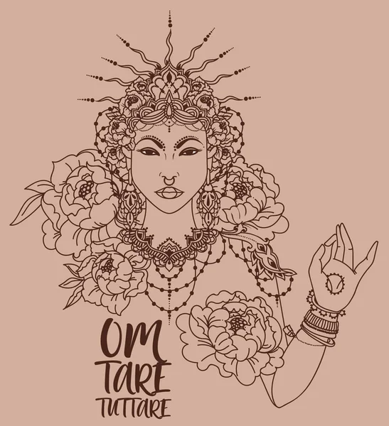 波希米亚皇家亚洲妇女在皇冠和牡丹花 海报与佛教咒语 Tuttare 和美丽的女性女神 矢量插图 — 图库矢量图片