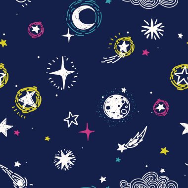 yıldızlı seamless modeli, kroki gezegenler, kuyruklu yıldızlar ve yıldız, duvar kağıdı olarak oyun odası için kullanılabilir, illüstrasyon vektör