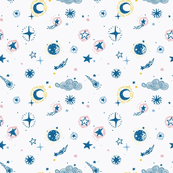 yıldızlı seamless modeli, kroki gezegenler, kuyruklu yıldızlar ve yıldız, duvar kağıdı olarak oyun odası için kullanılabilir, illüstrasyon vektör