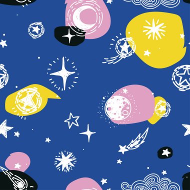 yıldızlı seamless modeli, kroki gezegenler, kuyruklu yıldızlar ve yıldızlar ve renkli Bulanıklaştırma, vektör çizim oyun odası için duvar kağıdı olarak kullanılabilir