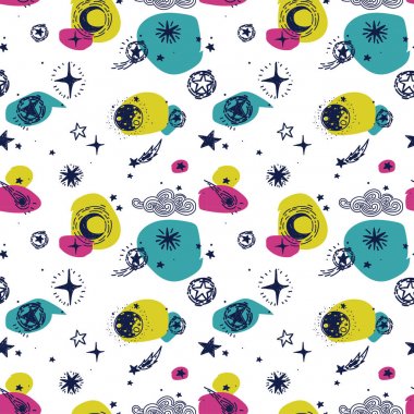 yıldızlı seamless modeli, kroki gezegenler, kuyruklu yıldızlar ve yıldızlar ve renkli Bulanıklaştırma, vektör çizim oyun odası için duvar kağıdı olarak kullanılabilir