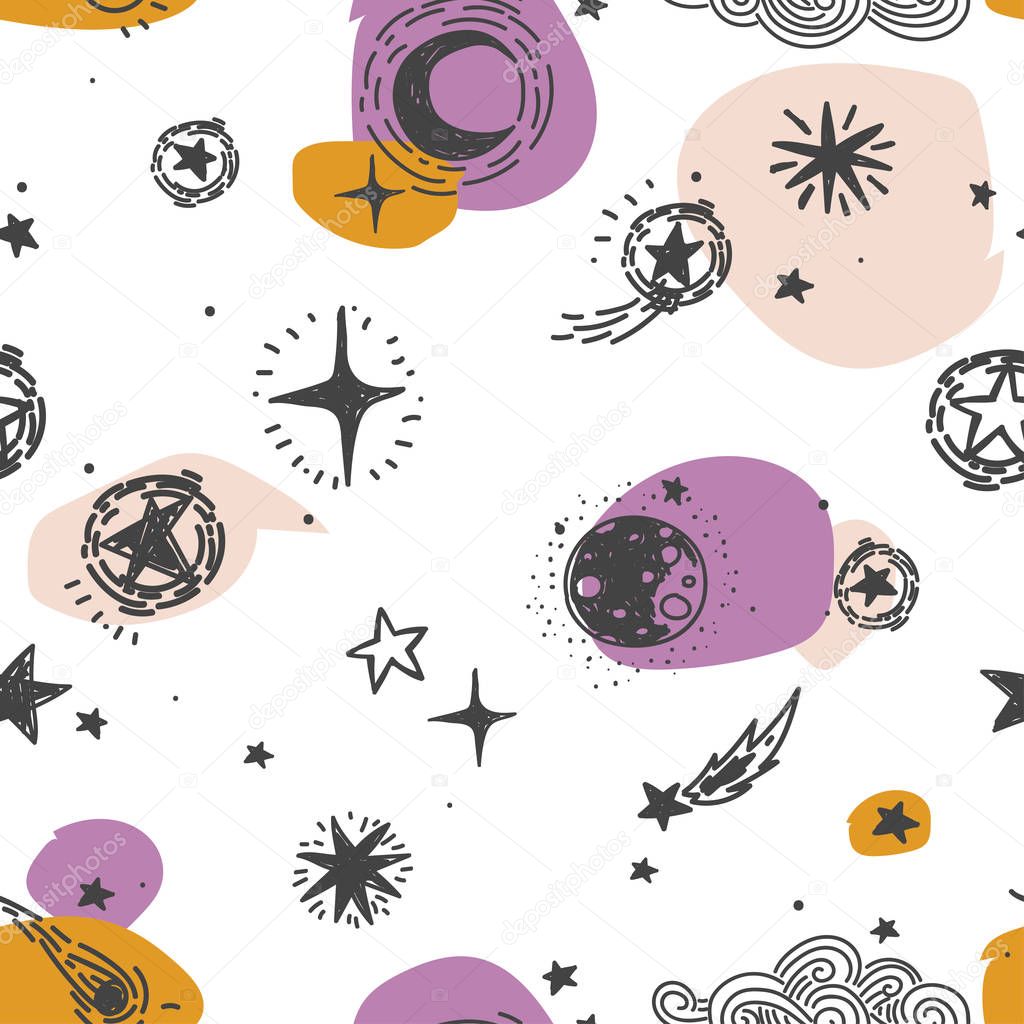 starry seamless pattern, sketch planets, comets and stars, and colorful blurs, can be used as wallpaper for playroom, vector illustration