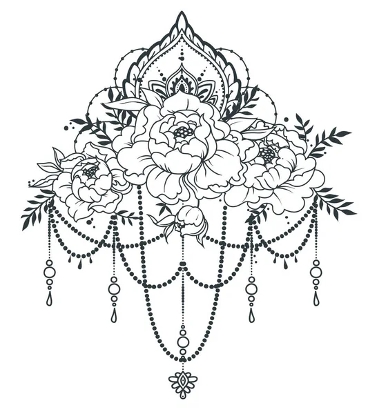 美丽的海报与牡丹米哈迪风格的装饰 可用于纹身或作为聚会请柬 矢量插画 — 图库矢量图片