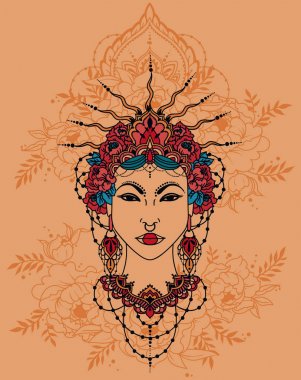 Taç ve peonies çerçeve, Asya tarzı Tanrıça, vektör çizim bohem Kraliyet Asyalı kadın 