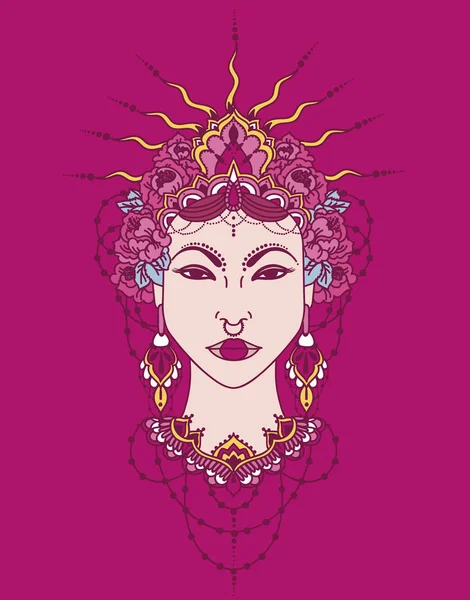 Diosa Estilo Asiático Mujer Asiática Bohemia Corona Guirnalda Floral Ilustración — Vector de stock