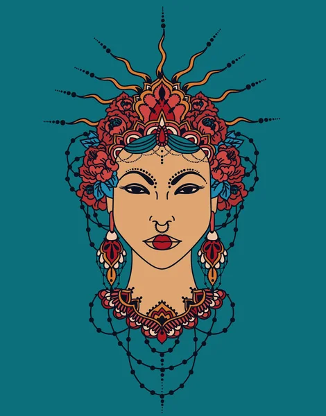 Diosa Estilo Asiático Mujer Asiática Bohemia Corona Guirnalda Floral Ilustración — Archivo Imágenes Vectoriales