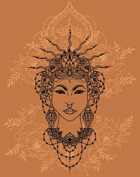 Bohemia Mujer Asiática Real Corona Peonías Marco Diosa Estilo Asiático — Archivo Imágenes Vectoriales