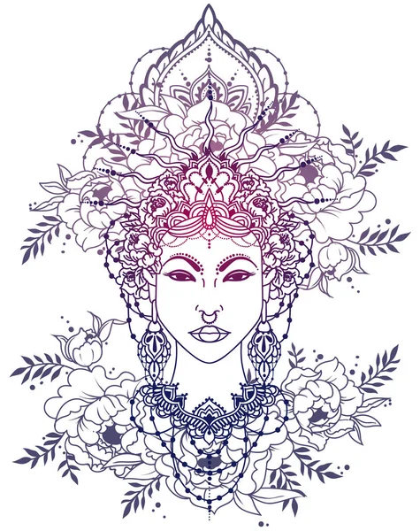 Bohemian Royal Asian Woman Crown Peonies Frame Asian Style Goddess — Stockvektor