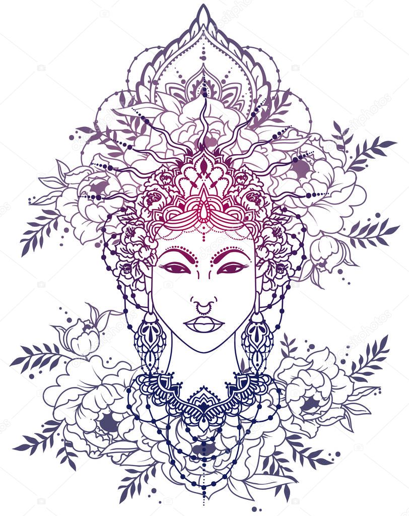 Bohemian royal asian woman in crown and peonies frame, asian style goddess, vector illustration 
