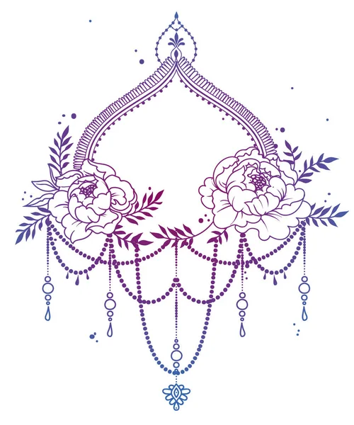 美丽的框架与牡丹和米哈迪风格的装饰 可用于纹身或作为婚礼邀请 矢量插画 — 图库矢量图片