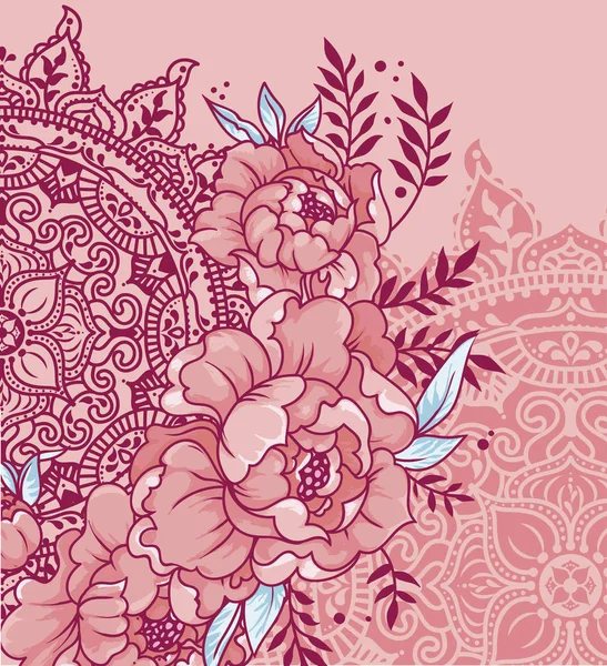美丽的海报与牡丹和曼荼罗装饰品 可用于纹身或浪漫的聚会邀请 矢量插画 — 图库矢量图片