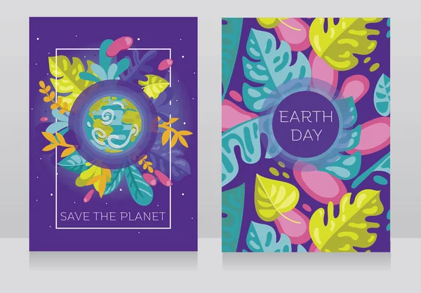 Zwei Banner Mit Unserem Planeten Floralem Rahmen Können Als Grußkarte — Stockvektor