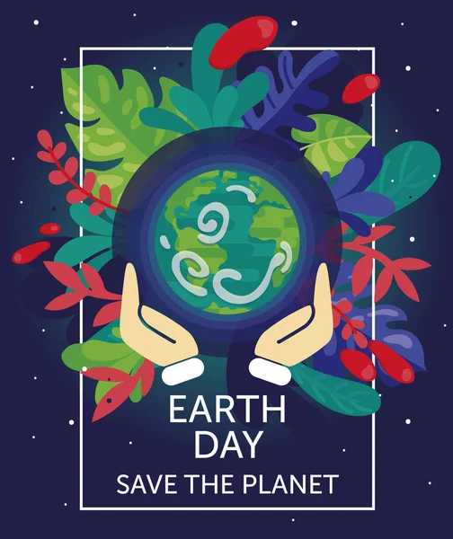 Kort För Earth Day Med Vår Planet Blommig Ram Och — Stock vektor