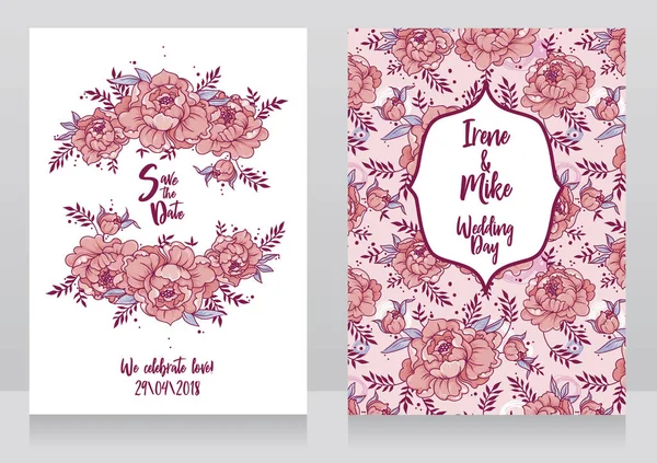 結婚式の牡丹フレーム パターン 美しいベクター Illustation カード — ストックベクタ
