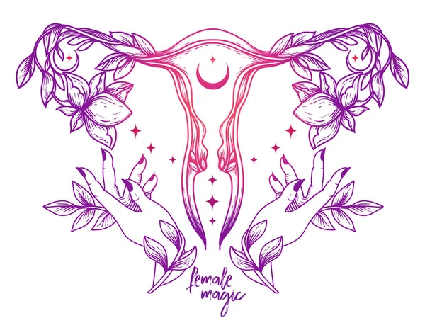 Ženské Kouzlo Plakát Symbolem Dělohy Ženské Ruce Hvězdy Květiny Ženské — Stockový vektor