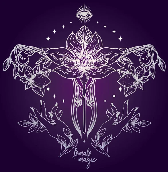 Affiche Avec Symbole Féminin Mains Fleurs Lotus Symbole Sacré Féminin — Image vectorielle