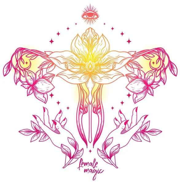 Plakat Błyszczącymi Kobiecymi Symbolami Dłońmi Kwiatami Lotosu Kobiecym Symbolem Sakralnym — Wektor stockowy