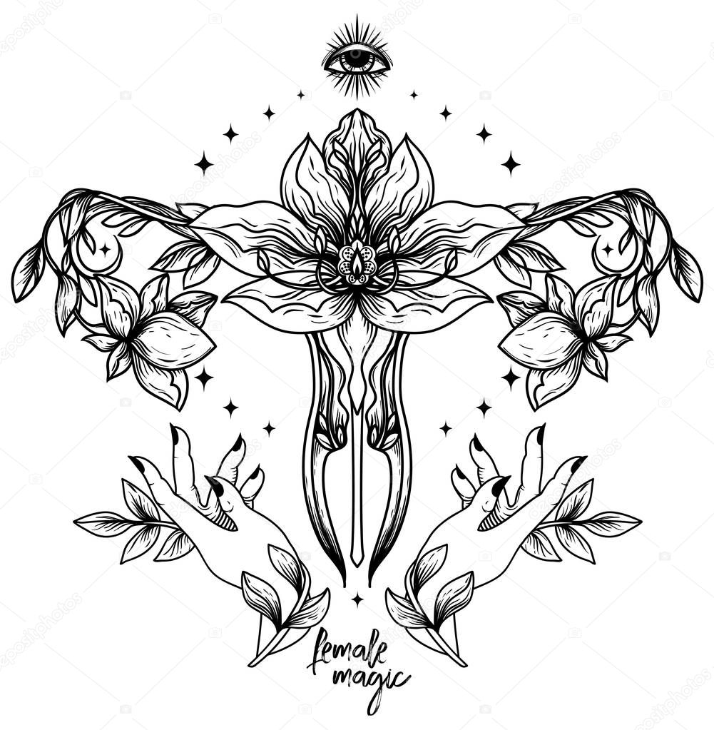Poster with female symbol, hands and lotus flowers, female sacral symbol, can be used for tattoo, vector illustration
