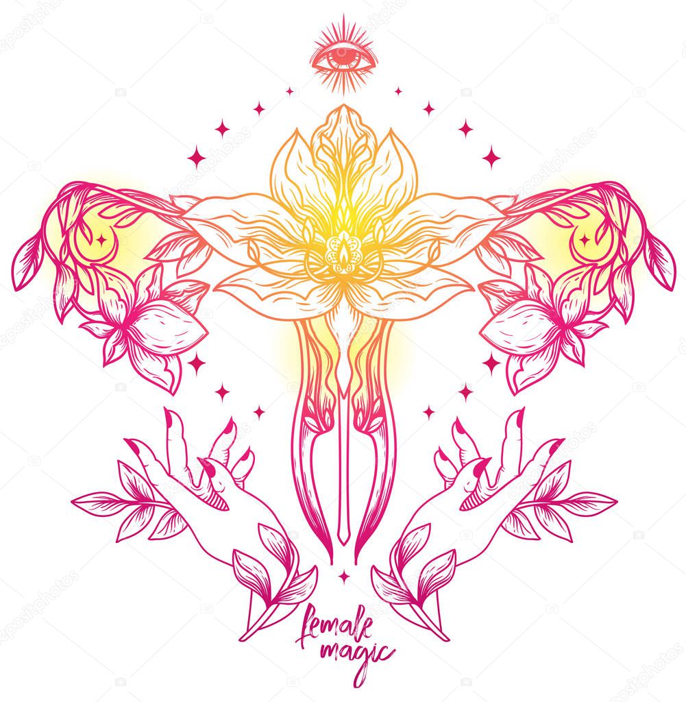 Poster with shining female symbol, hands and lotus flowers, female sacral symbol, can be used for tattoo, vector illustration