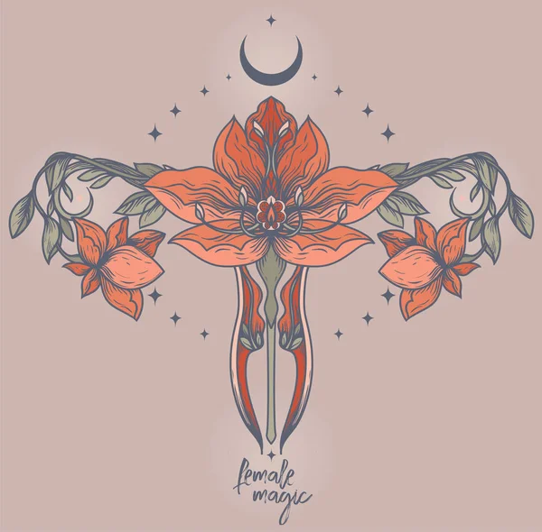 Çiçek açan rahim, hilal ve yıldızlı posterler, kadın sakal sembolleri, dövme ya da jinekoloji, vektör çizimi için kullanılabilir.