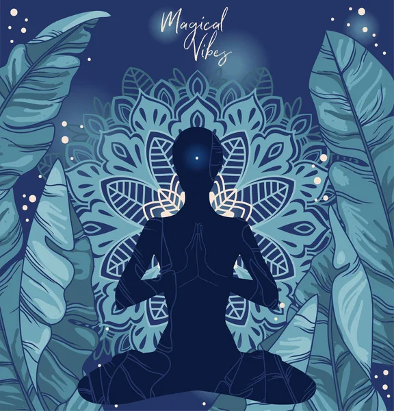 Banner Para Yoga Meditación Con Hojas Tropicales Adorno Mandala Póster — Archivo Imágenes Vectoriales