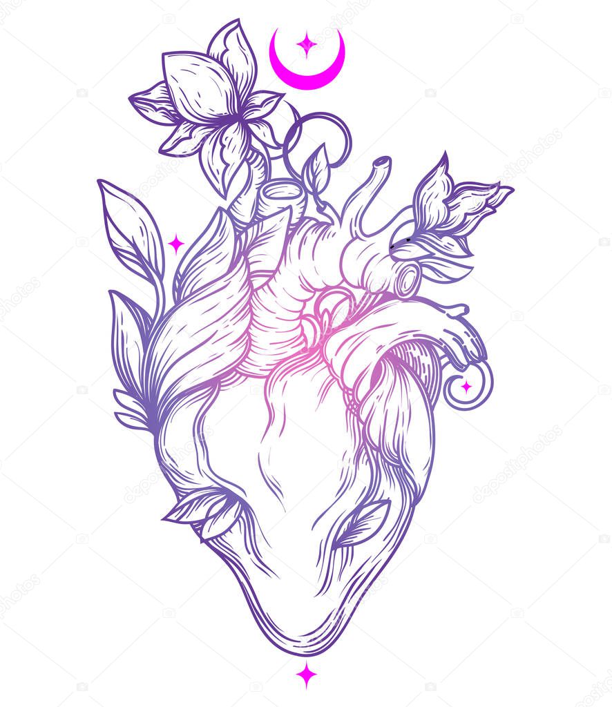 Poster with blooming human's heart, crescent and stars, sacral symbol of love, can be used for tattoo or for medicine, vector illustration