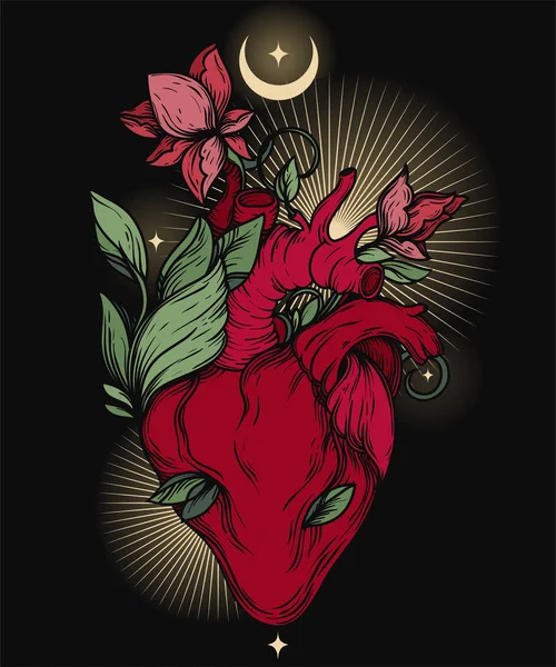 Cartaz Com Florescendo Coração Humano Crescente Estrelas Símbolo Sacral Amor —  Vetores de Stock