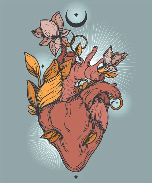 Affiche Avec Cœur Humain Fleurs Croissant Étoiles Symbole Sacré Amour — Image vectorielle