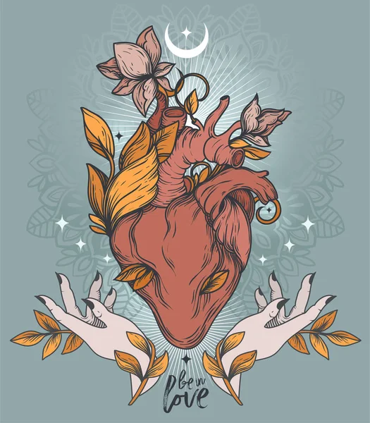 Cartaz Com Coração Florescente Mão Feminina Crescente Estrelas Símbolo Sacral —  Vetores de Stock