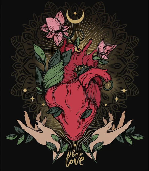 Αφίσα Ανθισμένη Καρδιά Και Γυναικείο Χέρι Ημισέληνο Και Αστέρια Ιερό — Διανυσματικό Αρχείο